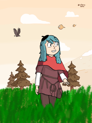 Hilda from the Netflix Series of the same name walks on a grass field. She wears the typical clothes of the character Ronia from "Ronia, the Robber's Daughter". These clothes are: brown pants, a brown tunic over a white shirt, a red cap, a brown belt with a rope and a bag attached to the belt. Image created by niborus. The image is protected with Nightshade.