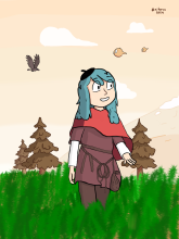 Hilda läuft in der Kleidung von Ronja Räubertochter über eine Wiese.